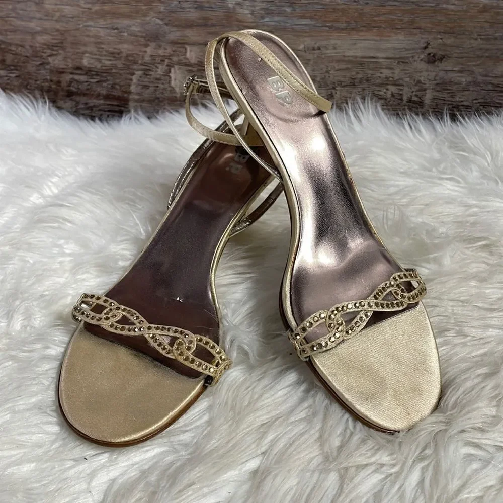 BP Ladies Dress Low Heel Dress Shoes, Size 6 1/2M, Goldtone with Rhinestones